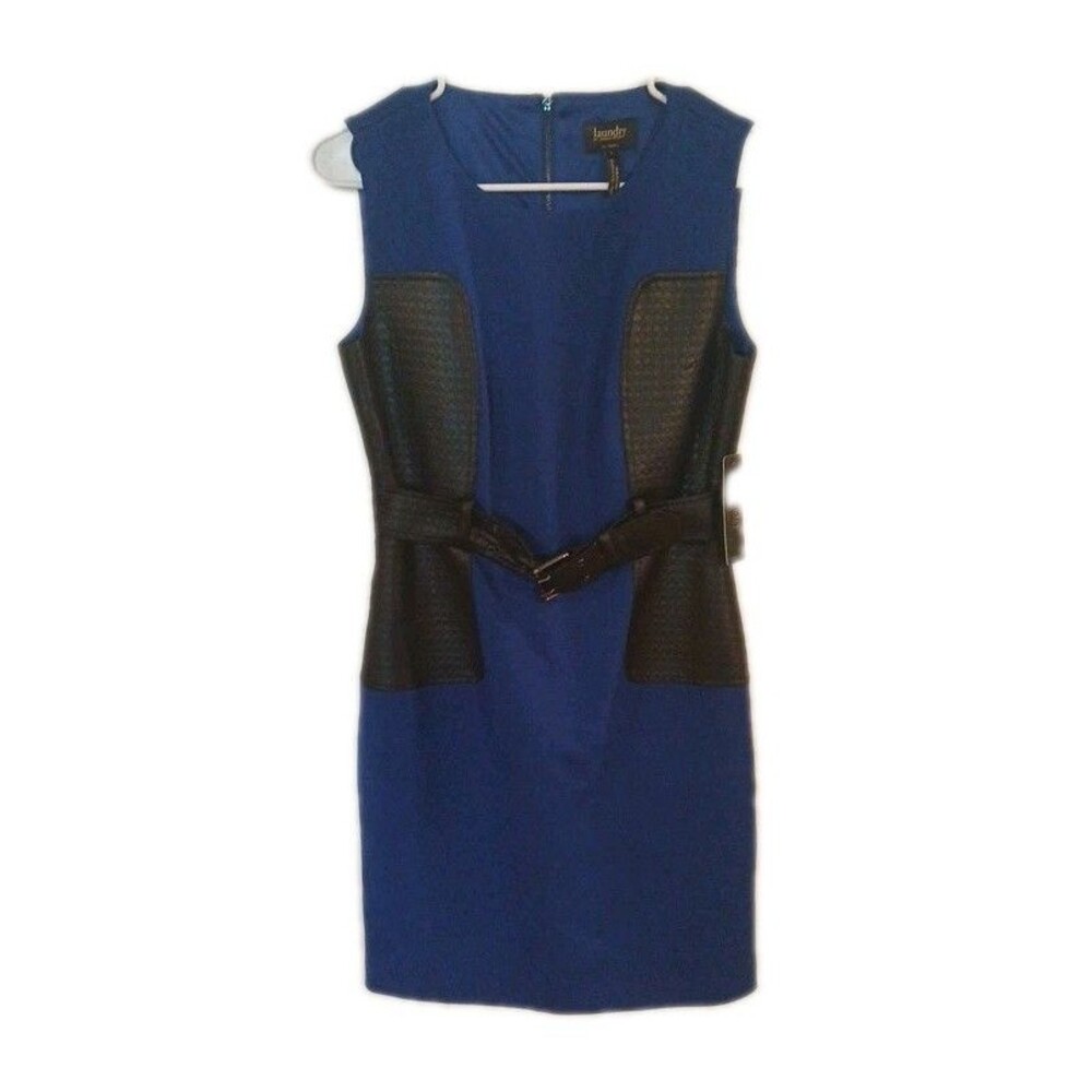 Laundry By Shelli  Blue Sleeveless Sheath  Dress Lined Belt Faux Leather Size 4